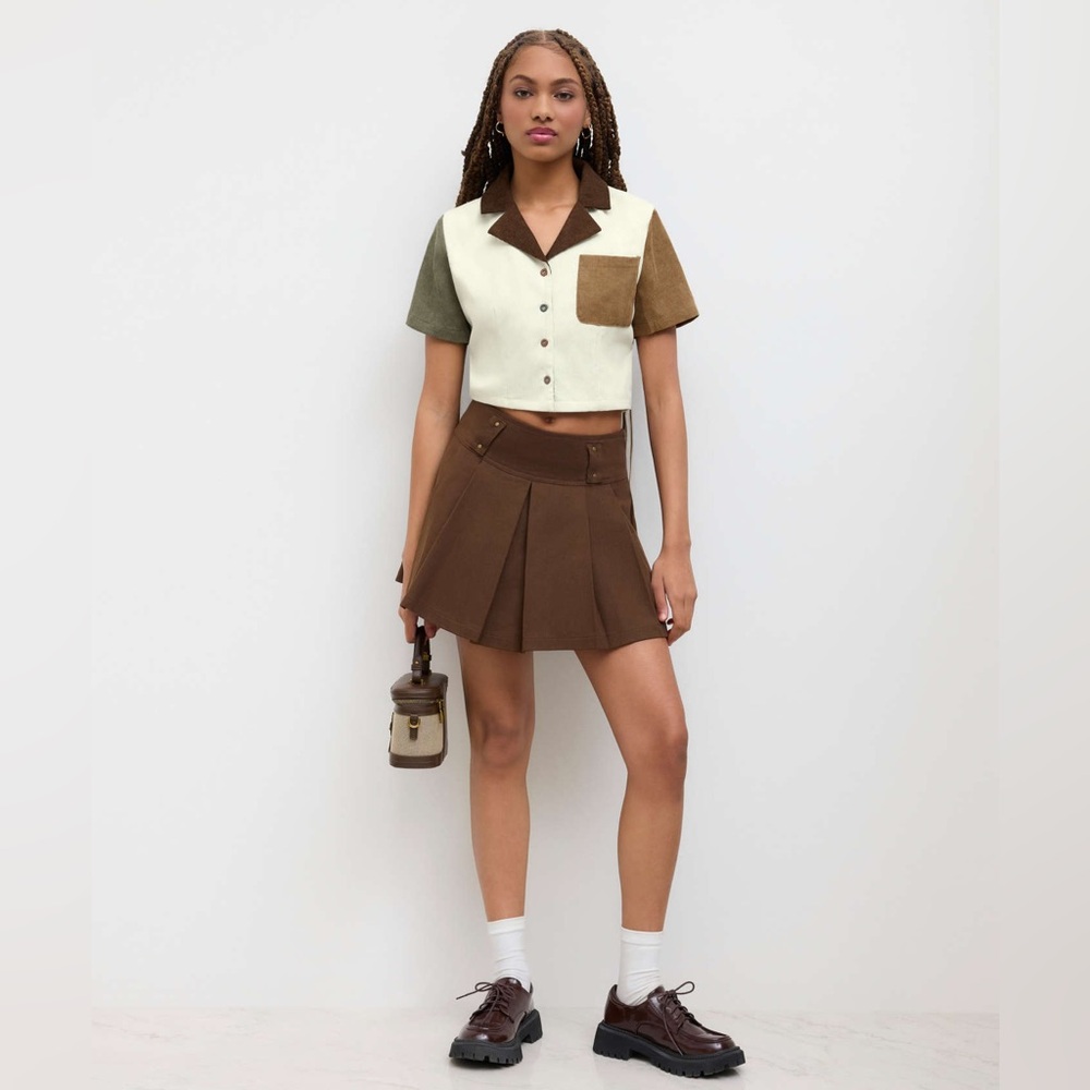 Cider PATCHWORK COLLAR SHORT SLEEVE CROP BLOUSE Two-Tone Short Sleeve Top XL NEW